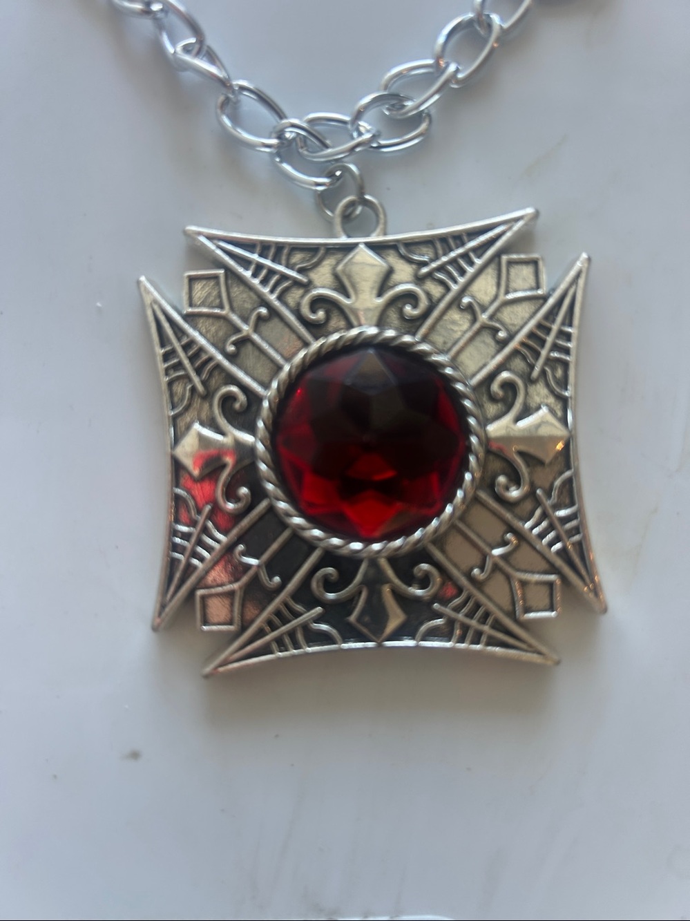 Silver Chain Necklace with Red Gem Pendant